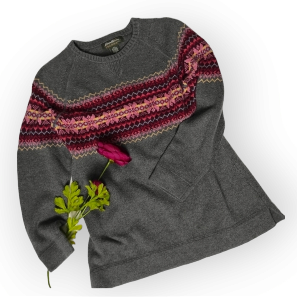 Eddie Bauer Fair Isle Cotton Sweater Round Neck Long Sleeve Pullover Gray Small